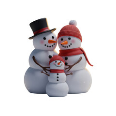 Fototapeta premium Snowman Family Transparent Background Group with Red Hats and Scarves
