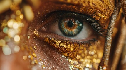 Gold glitter makeup eye closeup sparkle festival glamour beauty portrait radiates with gold glitter makeup eye closeup sparkle festival glamour beauty portrait, shimmering detail highlights