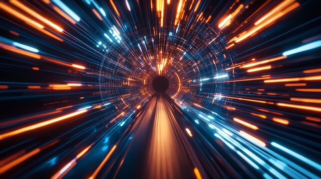 Abstract futuristic tunnel with glowing neon lights, creating a sense of speed and technological advancement