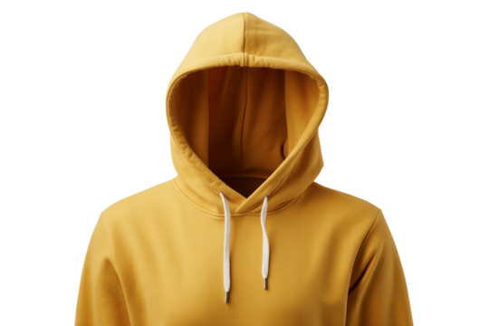 A bright yellow hooded sweatshirt with white drawstrings shown from the chest up isolated on transparent background