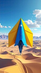 Paper Airplane Soaring Above Desert Dunes - A Creative Vision.