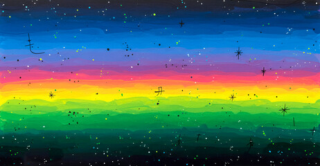  An abstract textured oil painting background with a gradient fill and black elements. A colorful, textured, impasto surface in rainbow colors for creative design.