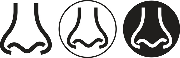 Human nose icons set in flat medical, anatomy and cosmetic styles. Vectors illustration for healthcare, smell, respiration, allergy and beauty designs concepts isolated on transparent background.