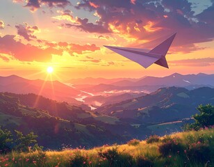 Paper Airplane Soaring Above Mountain Landscape at Sunset.