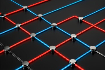 Dynamic network connections with vibrant red and blue glowing lines showcasing modern technology and communication systems on a sleek, dark surface