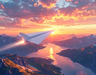 Paper Airplane Soaring Above Mountains at Sunset - A Dream of Flight.