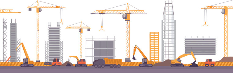 WebUrban construction site, tower cranes, excavators, dump trucks, scaffolding, steel framework, high-rise buildings, civil engineering, industrial machinery, development zone, infrastructure growth