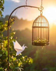 Paper Birds Freedom - Origami Dove Soaring from Cage.