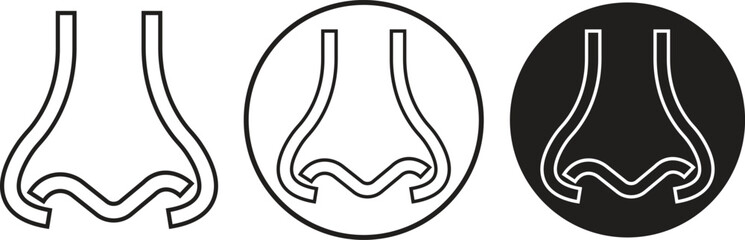 Human nose icons set in line medical, anatomy and cosmetic styles. Vectors illustration for healthcare, smell, respiration, allergy and beauty designs concepts isolated on transparent background.