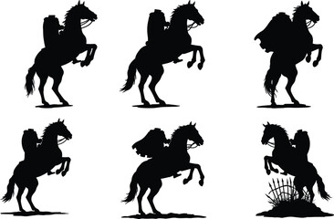 Horse and Rider Silhouettes Rearing with Capes, Dramatic Poses, Spiked Fence Element, Adventure Theme, Historical Fantasy, Black Figures, Motion, Equipment