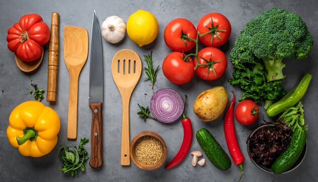 Fresh vegetables and kitchen utensils on a gray background.