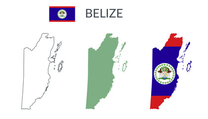 Belize geographical borders isolated on white background. Flag of Belize. Vector flat cliparts.