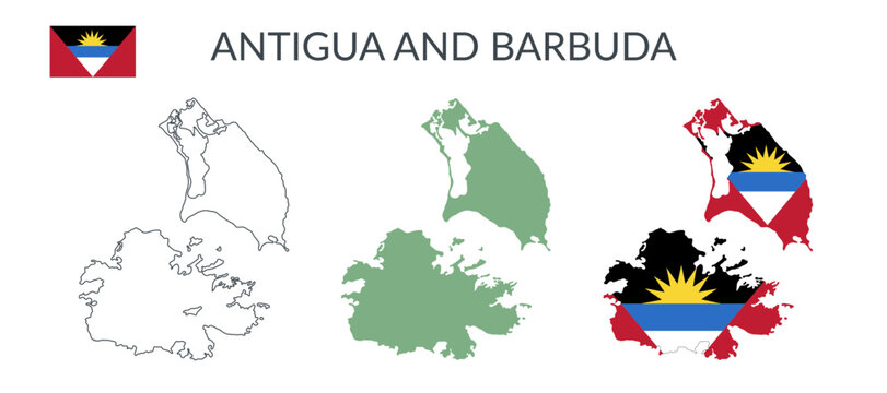 Antigua and Barbuda geographical borders isolated on white background. Flag of Antigua and Barbuda. Vector flat cliparts.