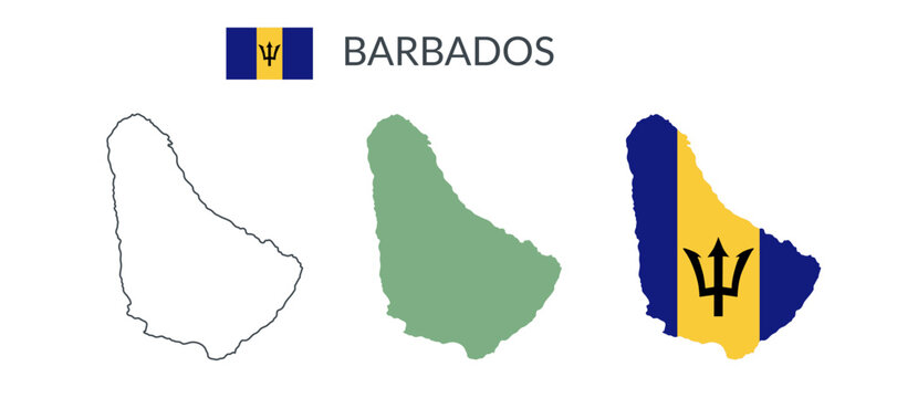 Barbados republic geographical borders isolated on white background. Flag of Barbados. Vector flat cliparts.