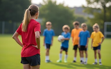 Obraz premium Female coach leading a youth football team in training on a grassy field, emphasizing sports development and teamwork. High quality