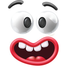 Obraz premium Close up of a cartoon monster face with wide surprised eyes and a large open red mouth showing teeth on a transparent background