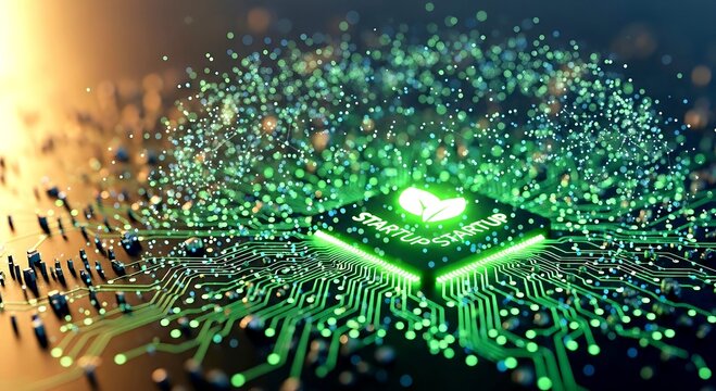 Glowing Green Startup Chip with Leaf Symbol and Circuitry Networ - Powered by Adobe