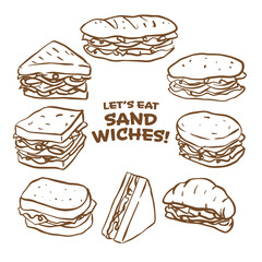 Let's eat sandwiches! various kind of rough sketch hand drawn sandwiches outline drawing illustration