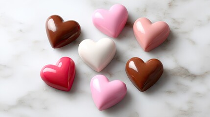 Obraz premium Colorful Heart-Shaped Chocolates on a Marble Surface for Romantic and Sweet Treats, Ideal for Valentine's Day or Special Occasions