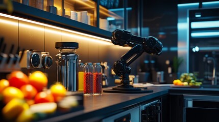 A modern kitchen showcases a robotic arm ready to assist in meal preparation. Innovative technology meets culinary art. Bright lighting enhances the ambiance. Generative AI