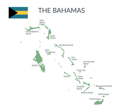 The Bahamas islands geographical borders isolated on white background. Flag of the Bahamas. Vector flat illustration. - Powered by Adobe