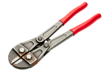 Pair of old and rusty bolt cutters with red handles isolated on transparent background
