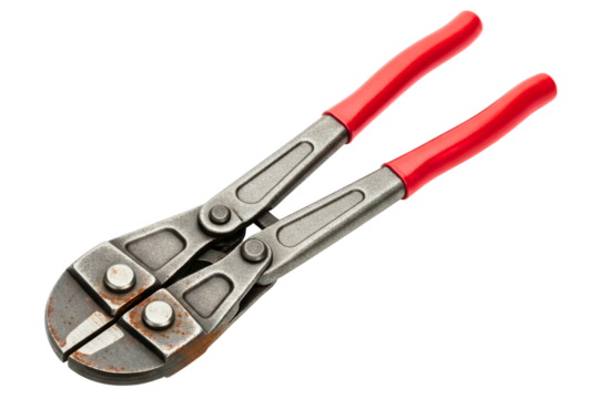 Pair of old and rusty bolt cutters with red handles isolated on transparent background
