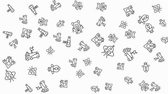 Doodle space pattern on 4k animated. Looping animation featured lineal icon of rocket, telescope, UFO and other. For background presentation of science exploration.
