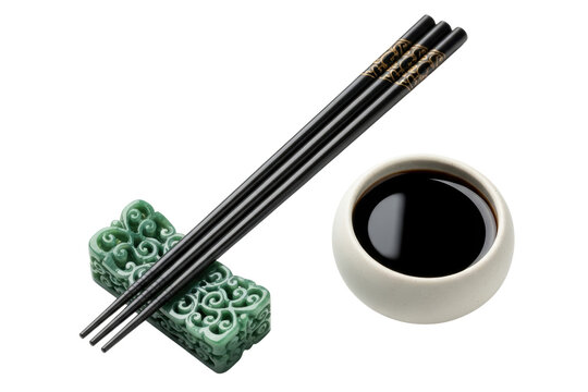 Black chopsticks with soy sauce and a green chopstick rest isolated on transparent background - Powered by Adobe