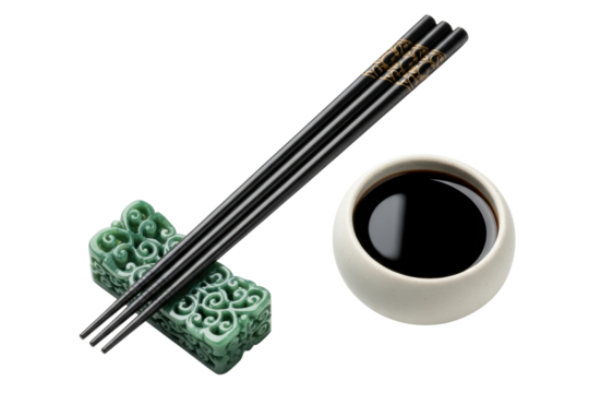 Black chopsticks with soy sauce and a green chopstick rest isolated on transparent background - Powered by Adobe
