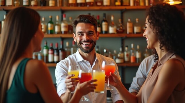 Bartender serving colorful cocktails to happy customers at a bar