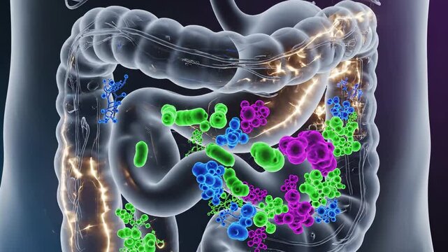 Gut microbiome visualization with colorful bacteria colonies in transparent intestinal tract anatomy. Beneficial probiotic microorganisms, digestive flora, and gastrointestinal health concept
