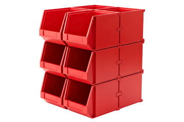 Red plastic stackable organizer bins for hardware storage isolated on transparent background