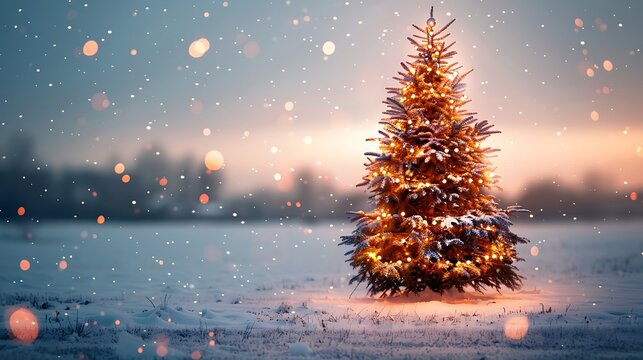 christmas tree decorated with lights standing in snowy field at sunset, glowing warm bulbs, soft snowflakes falling