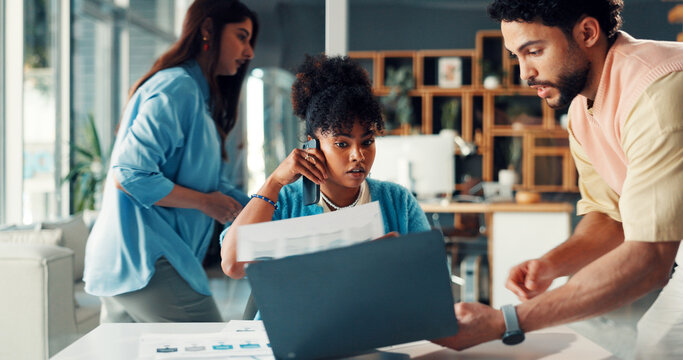 Business woman, phone call and overwhelmed in office with paperwork, laptop and proposal in agency. Chaos, deadline and tech with multitasking, stress and burnout with documents and busy staff - Powered by Adobe