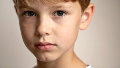 A young boy with a serious expression gazes intently at the camera.