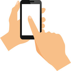Close up of two human hands holding a black smartphone with a white blank screen and a finger touching the screen isolated on a white background
