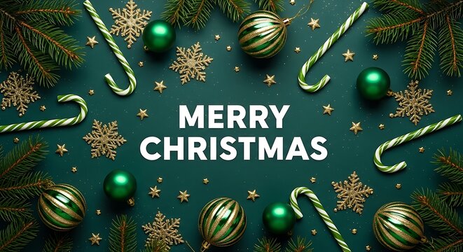 Festive Christmas Greeting: Emerald Ornaments, Candy Canes, and Gold Accents.