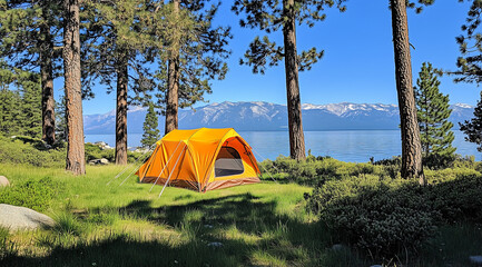 Bright orange tent by blue lake with pine forest and snowy peaks, peaceful camping video with clear water light and mountain view in 4k.