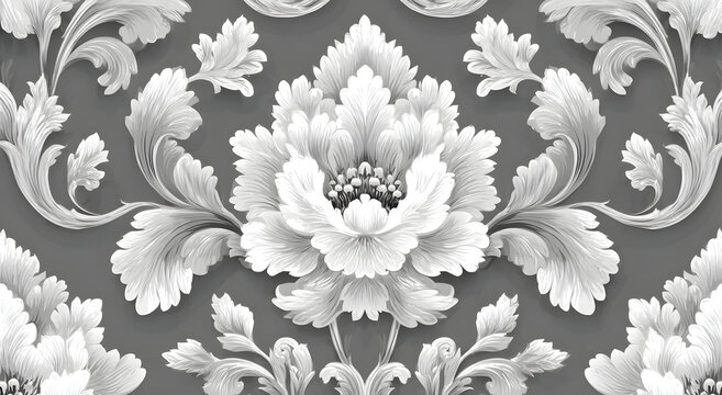 Wallpaper in the style of Baroque. Seamless vector background. White and grey floral ornament. Graphic pattern for fabric, wallpaper, packaging. Ornate Damask flower ornament.