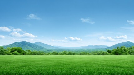 Fototapeta premium Expansive Green Meadow with Lush Grass Underneath a Clear Blue Sky and Serene Mountains in the Background Reflecting Natural Beauty and Tranquility