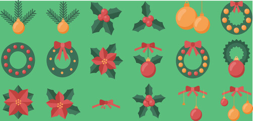 Colorful flat Christmas icon collection featuring classic holiday decorations like trees, gifts, ornaments, and snowflakes. Modern vector set ideal for seasonal design, web UI, invitations, 