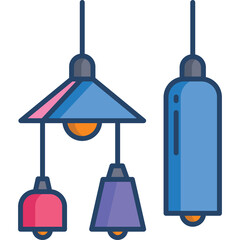 Collection of Modern Hanging Pendant Lights in Various Geometric Shapes and Vibrant Colors Featuring Blue Pink Purple Orange and Gray Accents With Dark Blue Outlines and a Transparent Background for