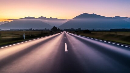 Open Road at Sunset A Long Highway Leading to the Mountains with Beautiful Sky and Landscape