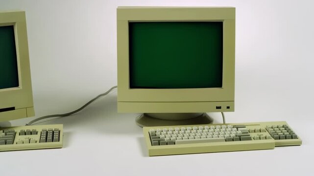 Two beige retro computers with green screens sit on a white surface, keyboards in front
