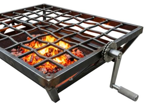 Forged metal barbecue grill with a hand crank over hot coals isolated on transparent background - Powered by Adobe