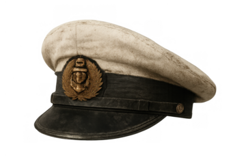 Captain's peaked cap with anchor emblem, symbolizing navy, maritime, power, and leadership on transparent background