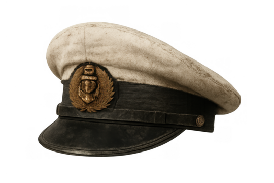 Captain's peaked cap with anchor emblem, symbolizing navy, maritime, power, and leadership on transparent background