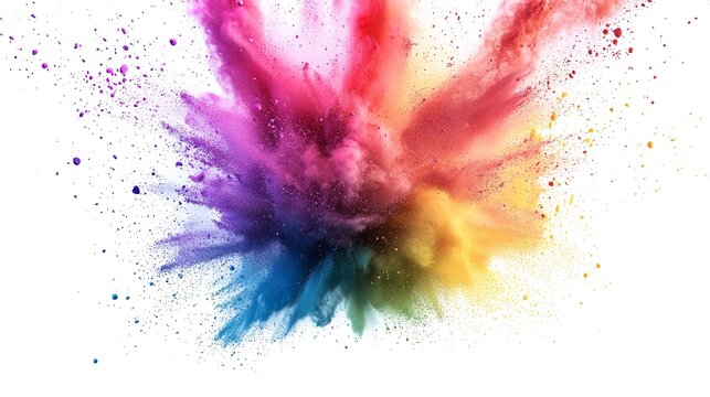 Colorful explosion of powder paint on white background creating a vibrant and dynamic visual effect
