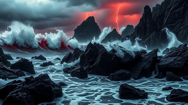 Stormy seascape with lightning and crashing waves
